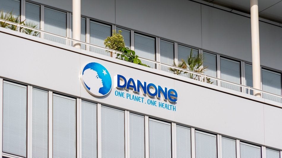 Sign and logo on the Danone headquarters building, Rueil-Malmaison, France, 13 August 2023